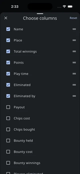 The Choose columns sheet with checkboxes for each column and drag handles on the visible ones