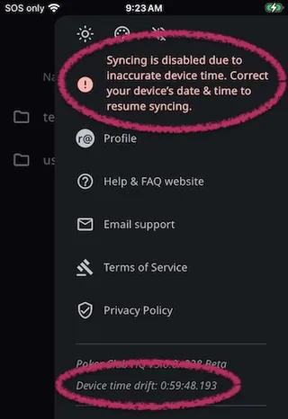 Navigation drawer showing sync disabled warning and device time drift of 0:59:48
