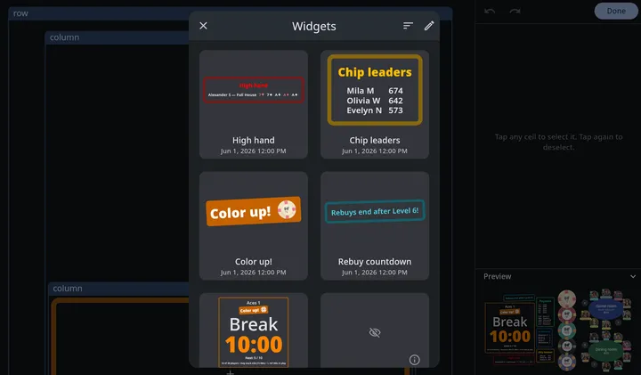 The Widgets gallery, a two-column grid of live previews — High hand and Chip leaders showing real data, an orange Color up! banner, a Rebuy countdown, the full Timer block, and one card showing a crossed-out eye with an info button