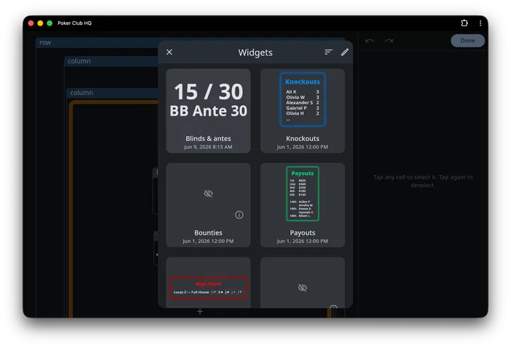 The Widgets gallery, a two-column grid of live previews — Blinds and antes, Knockouts, Payouts and High hand showing real data, and Bounties showing a crossed-out eye with an info button