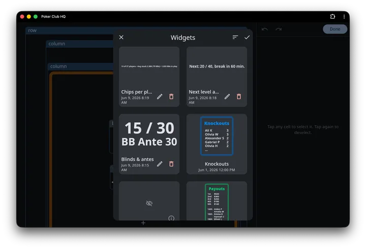 The gallery in Edit mode: the user's own saved widgets each carry a pencil and a red trash button, while the built-in Knockouts and Payouts cards have none